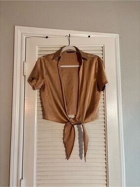 SHEIN Rust Satin Crop Top with Collar